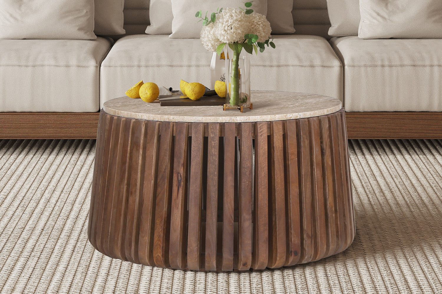 Salontafel 'Luuk' 70 cm Rond Mango hout met Travertin Beige