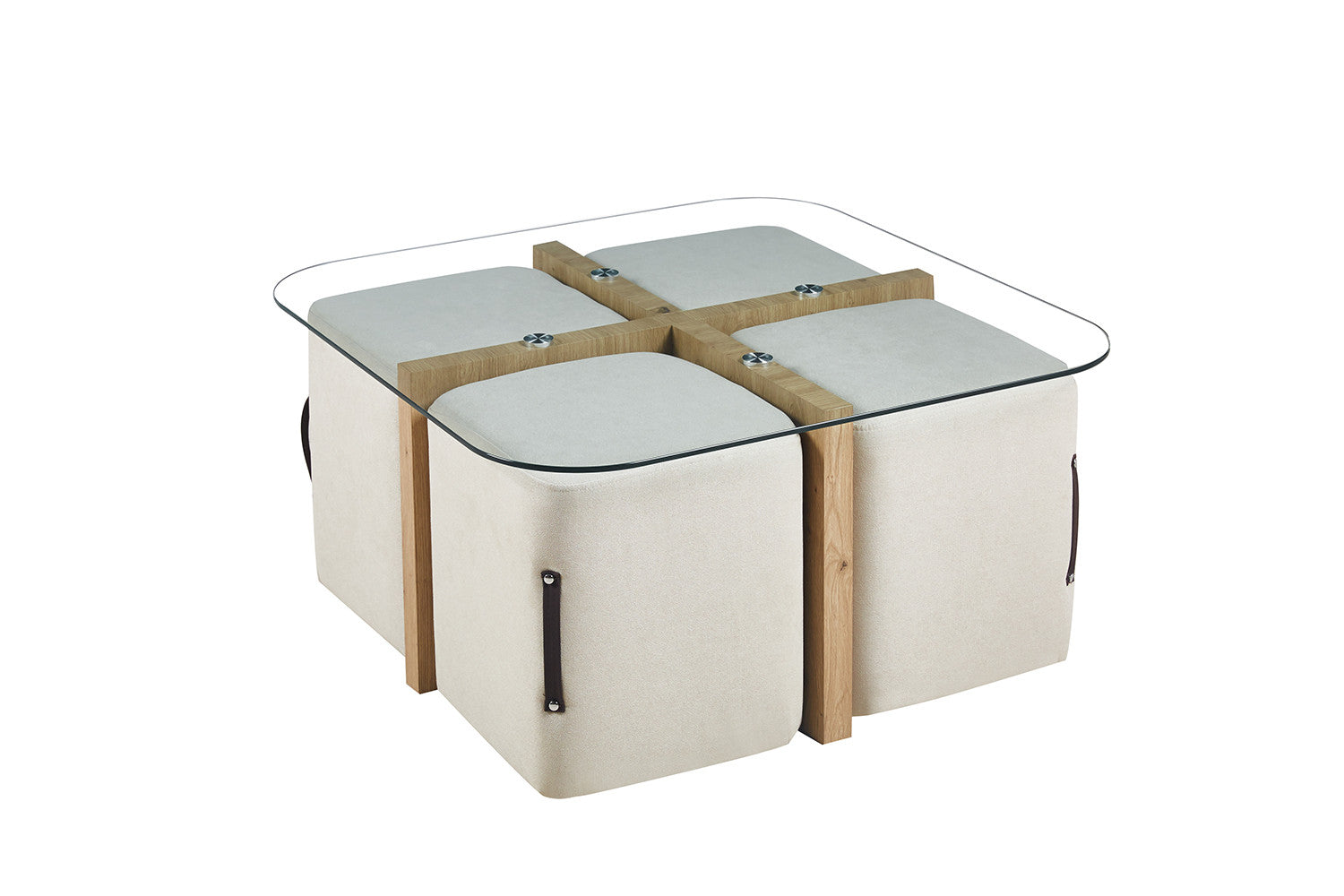 Salontafel Shana met 4 poefs stof Decor Oude eik