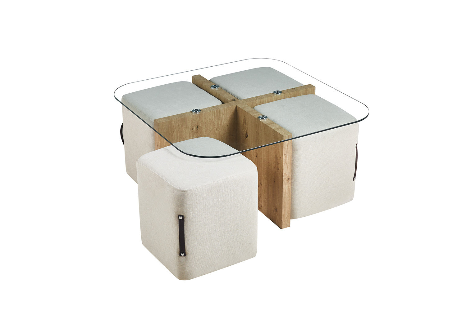 Salontafel Shana met 4 poefs stof Decor Oude eik