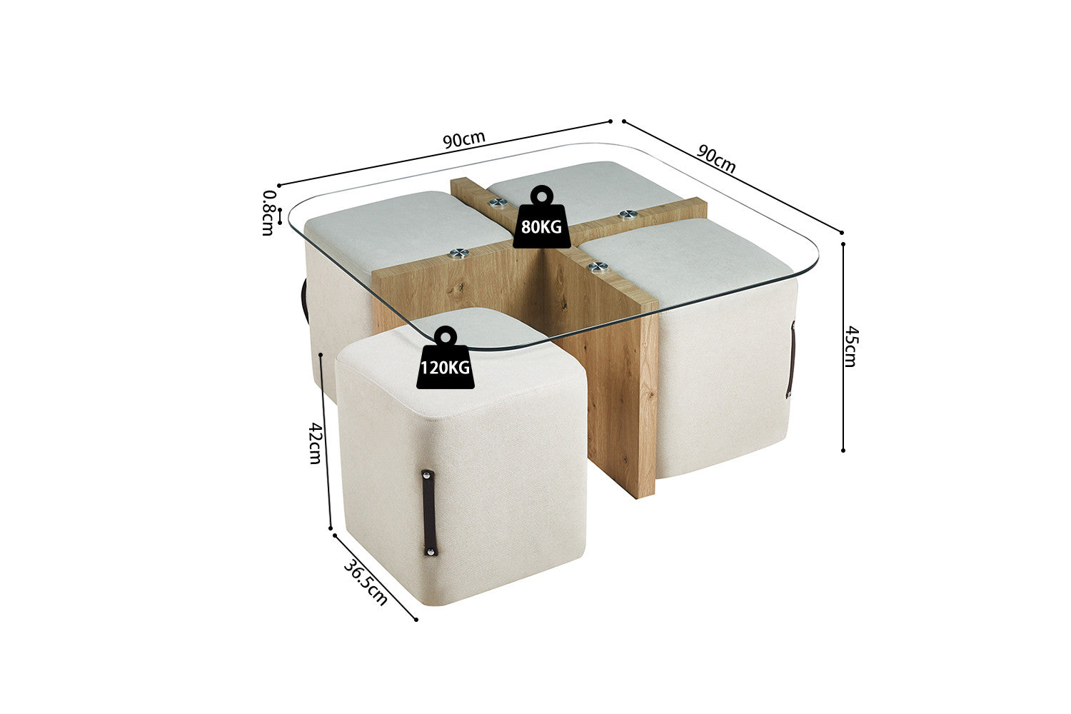 Salontafel Shana met 4 poefs stof Decor Oude eik
